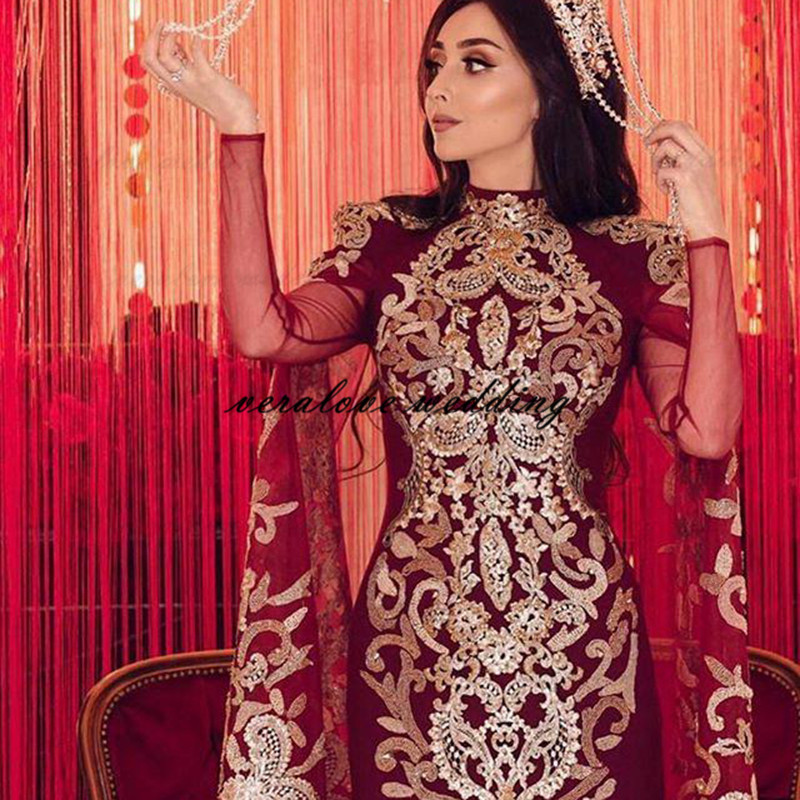 Red Wedding Dress High Neck Lace Appliques Long Sleeves Kaftan Bridal Gowns Sweep Train Muslim Formal Party Gowns
