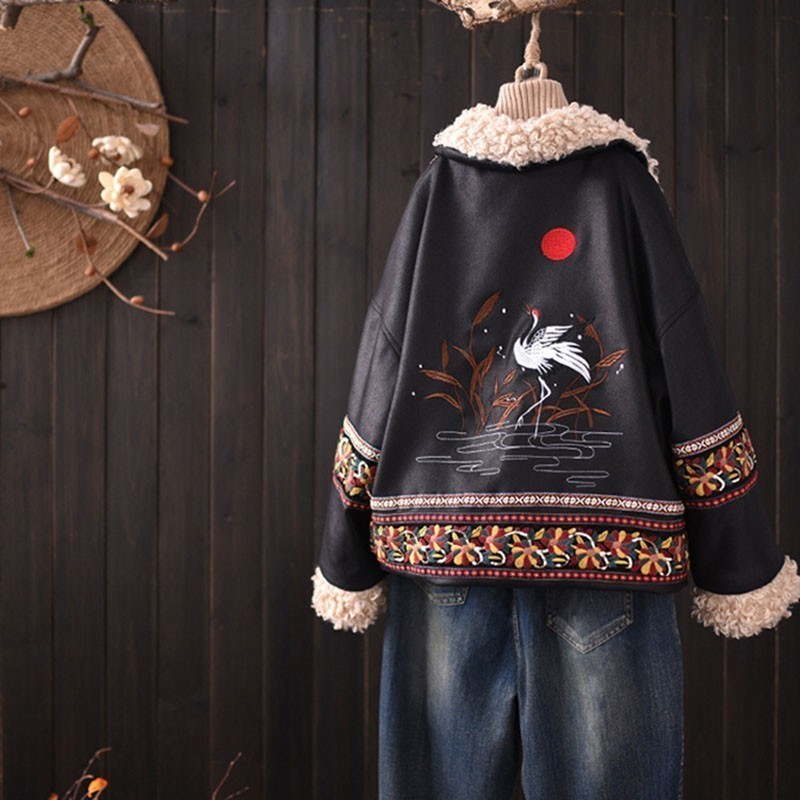 ZURICHOUSE Retro Winter Faux Leather Jacket Women Lambswool Embroidery Outwear Exotic PU Leather Plush Locomotive Jackets 201020
