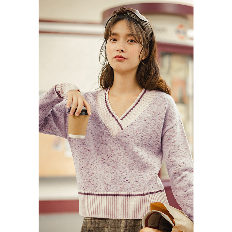 INMAN Winter Arrivals Purple Long Sleeves Sweet Candy Color V Neck Knit Pullover Women's Sweater 201223