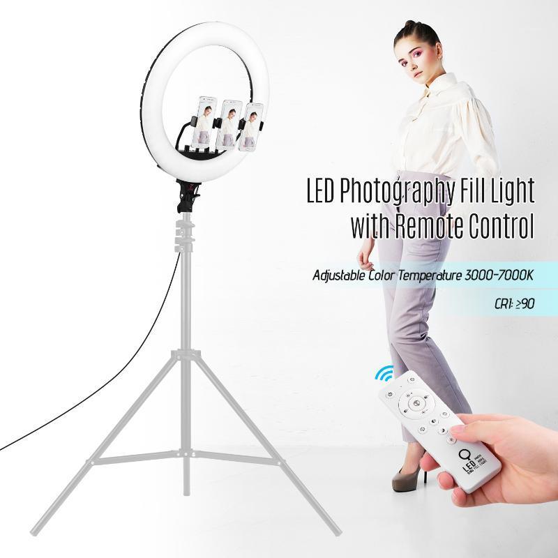 18inch Video LED Ring Light Dimmable 3000-7000K Remote Control with 3 Phone Clamps Phone Remote Shutter for Studio Photography1
18inch Video LED Ring Light Dimmable 3000-7000K Remote Control with 3 Phone Clamps Phone Remote Shutter for Studio Photography1