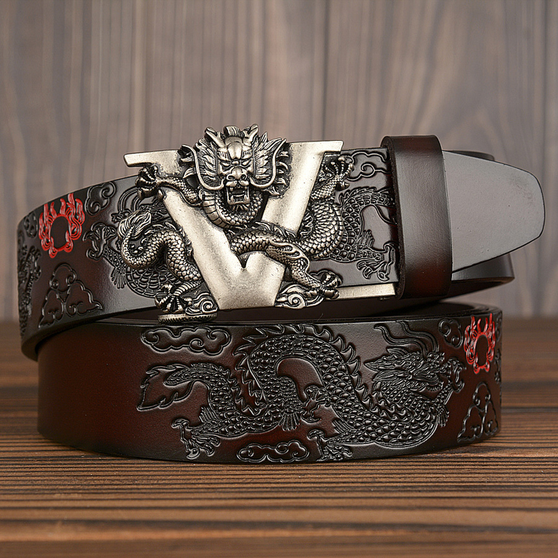 New Male China Dragon Belt Cowskin Genuine Leather Belt for Men Carving Dragon Pattern Automatic Buckle Belt Strap For Jeans 201117