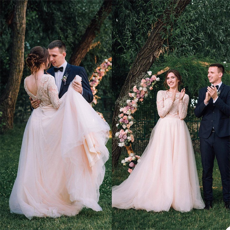 Gorgeous Beach Wedding Dresses A Line Jewel Long Sleeves Cheap Custom Made Lace Applique Ruched Tulle Bohemian Bridal Gowns Robe De Mariée
