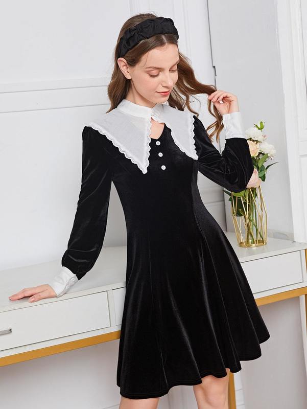 Teen Girls Contrast Collar Cut Out Velvet Dress SHE