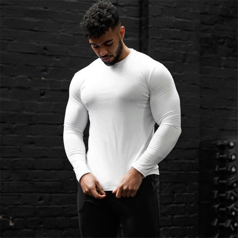 Plain Cotton Fitness Long Sleeve T Shirt Men Spring Autumn Slim Fit T-Shirt Man O-neck Tee Shirt Gym Bodybuilding Tshirt 201203