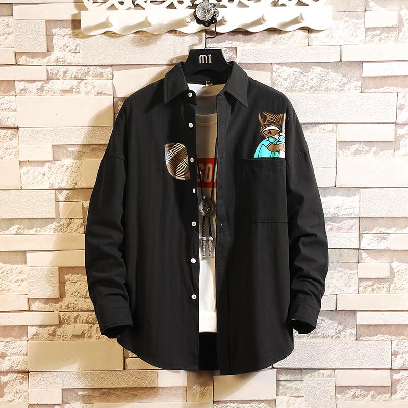Casual Shirt Men's Slim Cotton Black Printed Shirt Men's Loose Large Size Long Sleeve Cotton