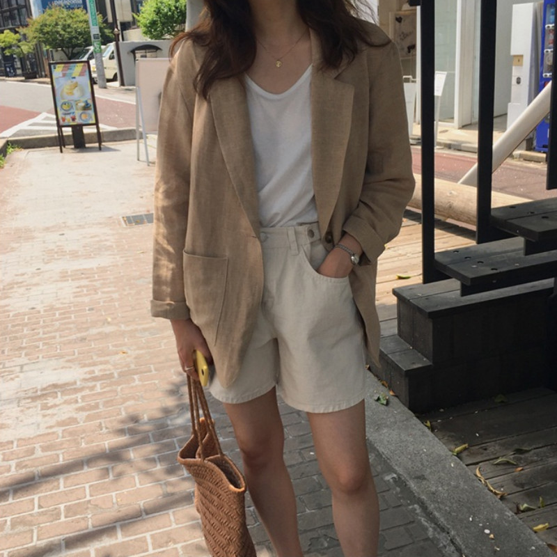Women Summer Cotton Linen Notched Collar Jacket Vintage Coat Single Button Casual Chaqueta Mujer Pocket Veste Femme 201126