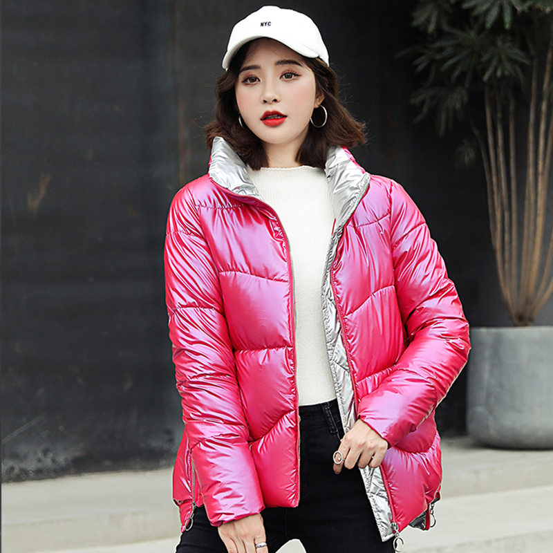 New Women Parkas Short Glossy Down Cotton Jacket Coats Zipper Padded Waterproof parka Pocket Stand collar Shiny coat 201019