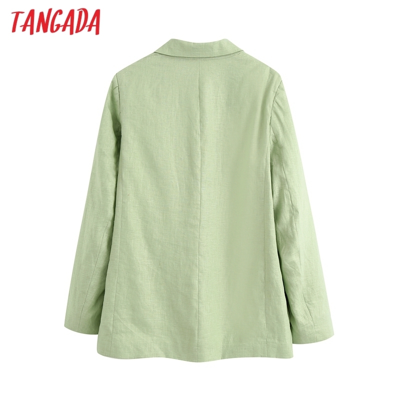 Tangada women green cotton linen blazer female long sleeve elegant jacket ladies work wear formal suits BE753 201114