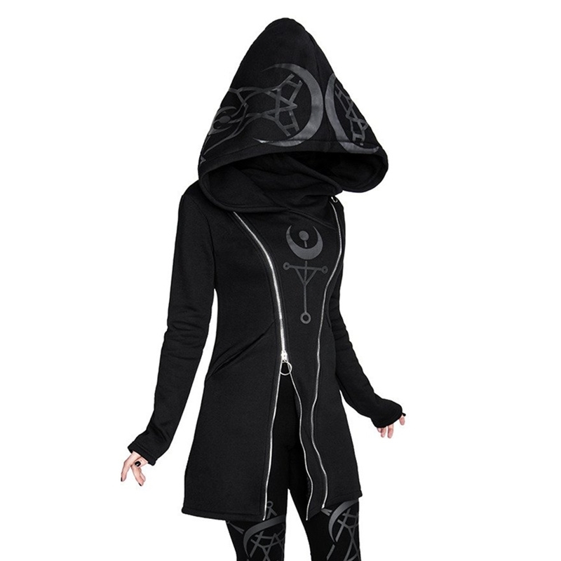 Gothic Punk Pullover Hoodies Women Long Sleeve Hooded Sweatshirt Zipper Coat Autumn Winter Female Casual Hoodie Oversized Hoody 201103