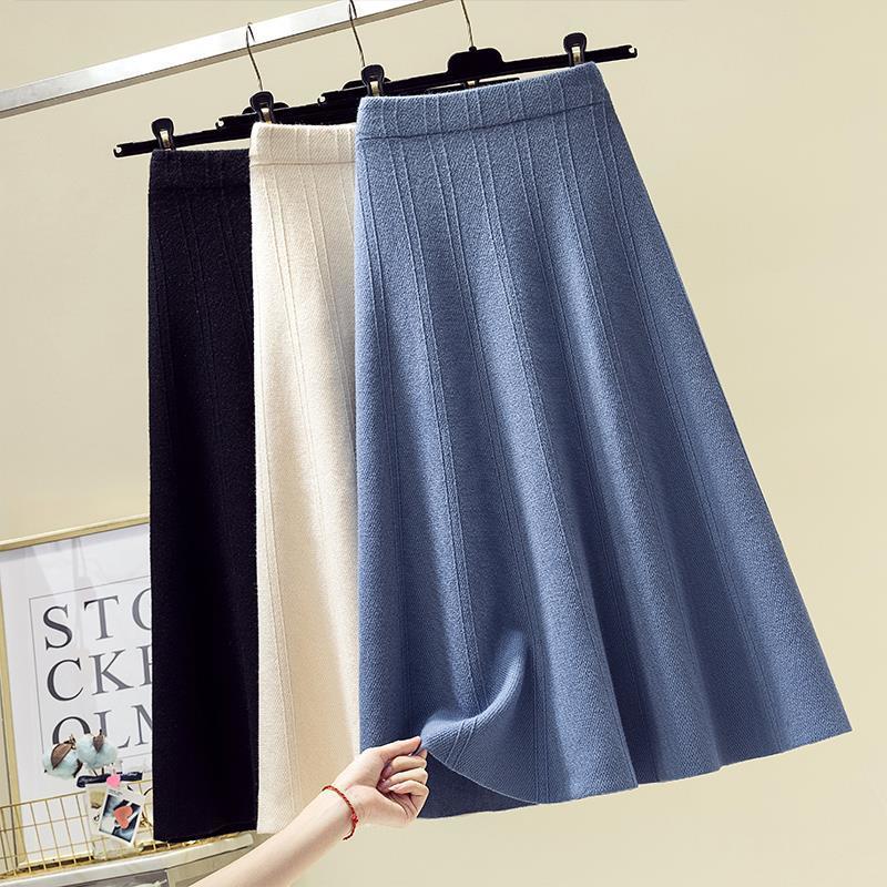 Knitted Big Hem Skirt Women's Wool Pleated High Waist Long Skirt A- Line Autumn Winter Woman Skirts Mujer Faldas Saias Mulher, Black