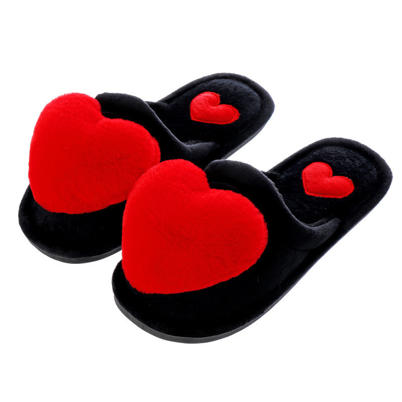 Women Love Heart Cotton Winter Fur Slides Ladies Home Furry Slippers Warm Indoor Shoes Claquette Fourrure Y200424