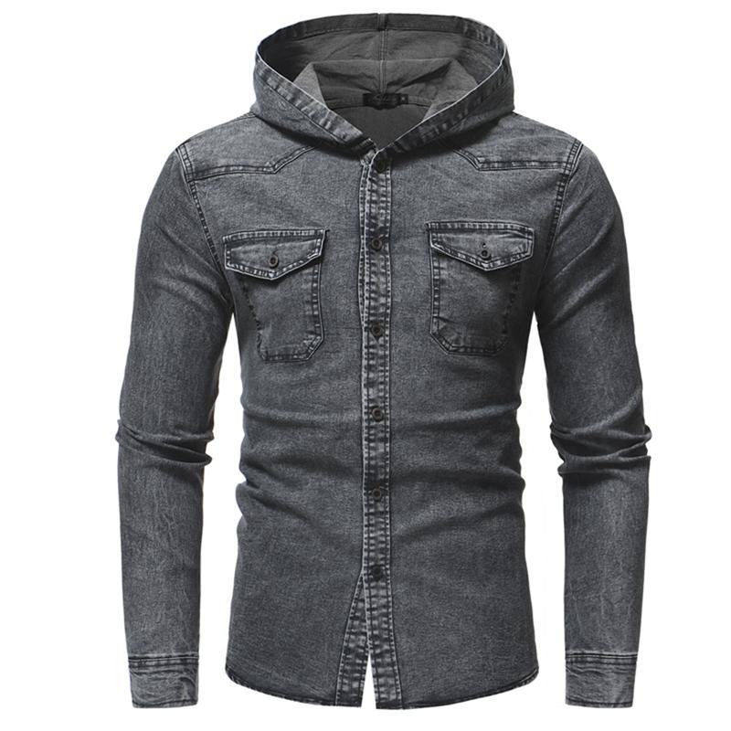 Men's Casual Shirts Spring Wash Denim Shirt Men Long Sleeve Fashion Hooded Jeans Slim Fit