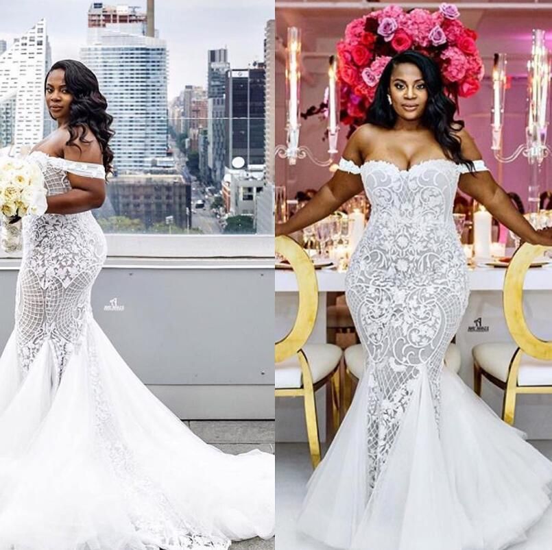 Plus Size African Mermaid Dresses Sexy Off Shoulder Lace Appliques Bridal Gowns Backless Wedding Robes De Marie