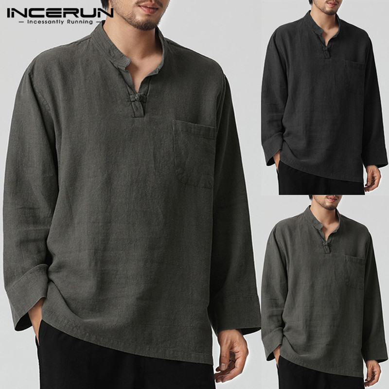 INCERUN 2019 Mens Shirt Retro Long Sleeve V-neck Cotton Linen Men Tops Autumn Plus Size Chinese Style Loose Casual Shirts Camisa T200319