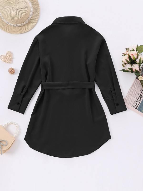 Girls Curved Hem Button Front Belted Shirt Dress SHE