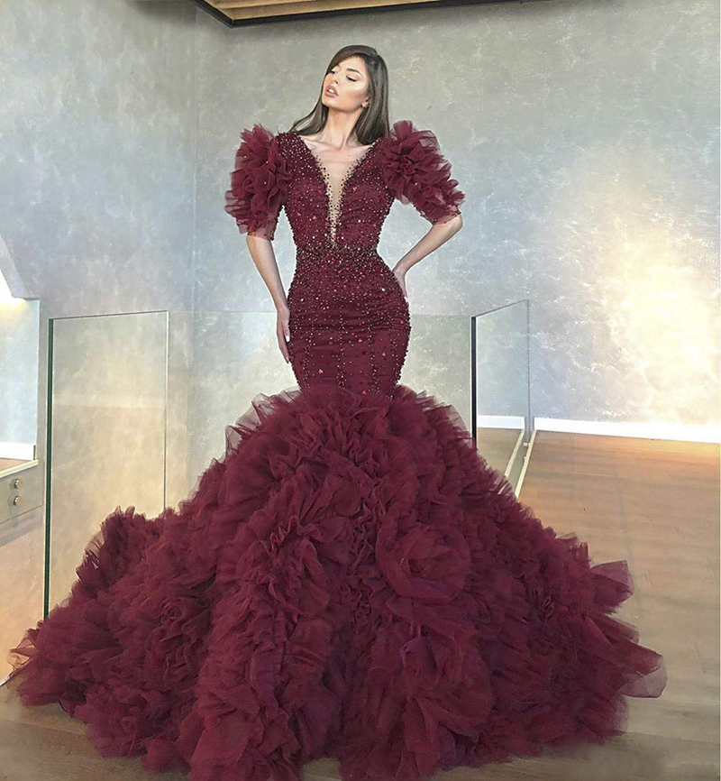 2020 Long Elegant Evening Dresses V-Neck Sparkly Sexy Mermaid Short Sleeve Ruffle Beaded Dubai Women Burgundy Tiered Tulle Formal Party Gown, Gray
2020 Long Elegant Evening Dresses V-Neck Sparkly Sexy Mermaid Short Sleeve Ruffle Beaded Dubai Women Burgundy Tiered Tulle Formal Party Gown, Gray
