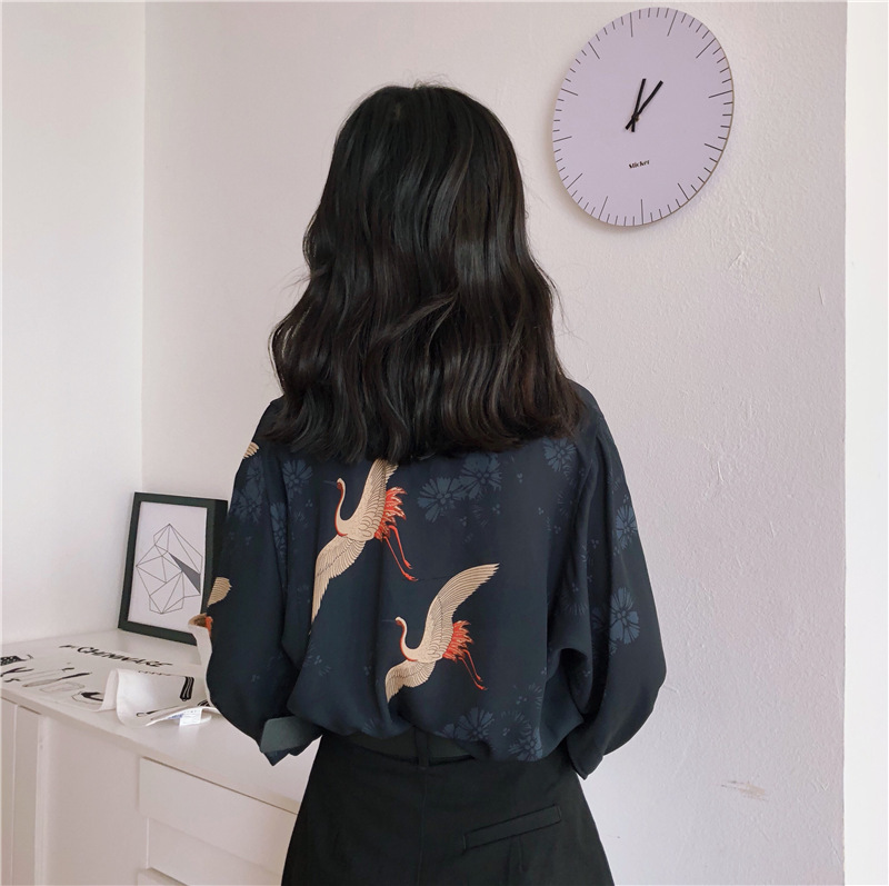 Cheerart Autumn Vintage Japanese Blouse Women V Neck Loose Top Femme Crane Print Black Fall Blouse Clothing 201202