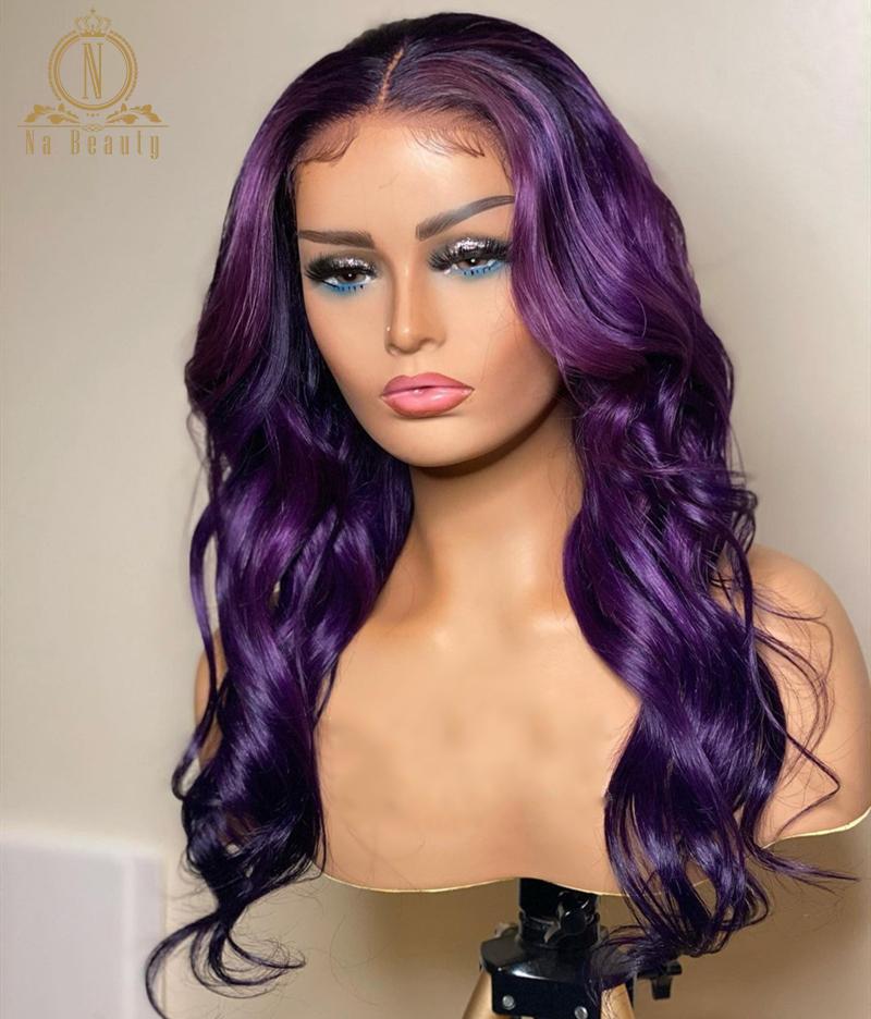 Lace Wigs Violet Purple Color Wig Water Wave Front Human Hair Pre Plucked HD Transparent For Black Women Na Beauty