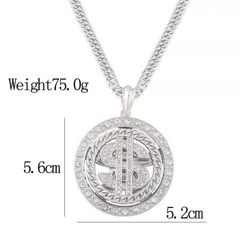 Hip Hop Rotatable Money US Dollar Symbol Necklace Long Chain Bling Bling Gold Silver Plated Austrian Crystal Diamond Dollar Sign Necklace for Men Wome