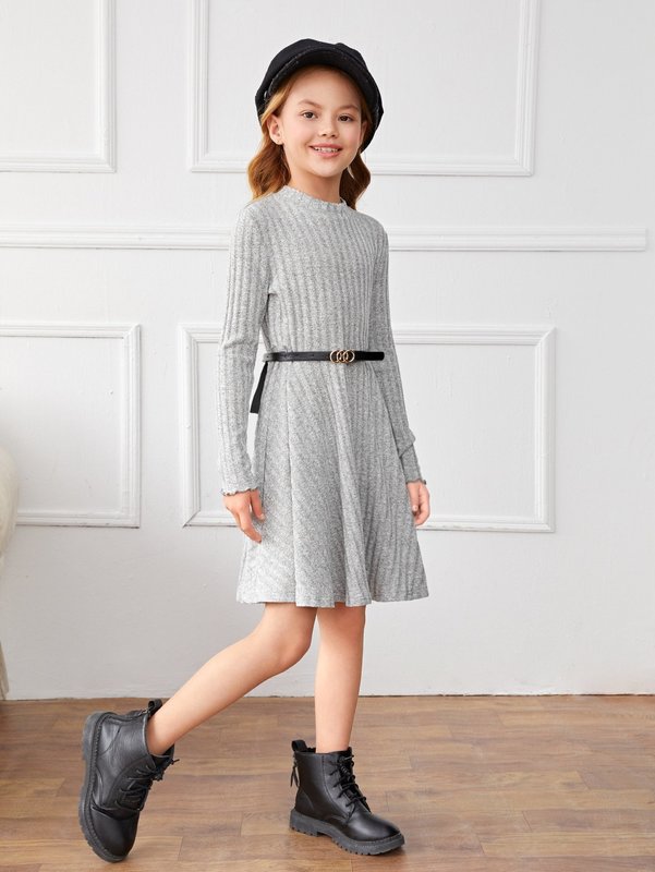 Girls Mock Neck Ribbed Knit Dress Without Belt SHE