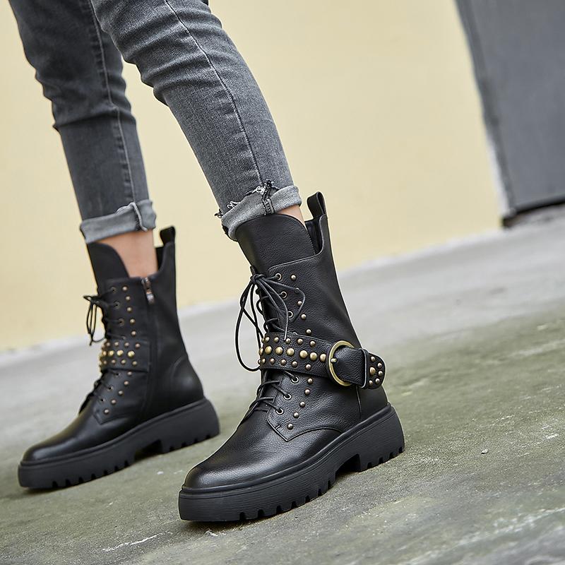 Prova Perfetto All-match Cow Leather Ankle Boots With Rivet Buckle Strap Lace-up Flat Genuine, Black
Prova Perfetto All-match Cow Leather Ankle Boots With Rivet Buckle Strap Lace-up Flat Genuine, Black