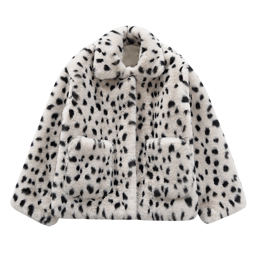 PERHAPS U Women Beige Faux Fur Coat Outwear Button Warm Thick Turn Down Collar Pocket Leopard C0368 201215