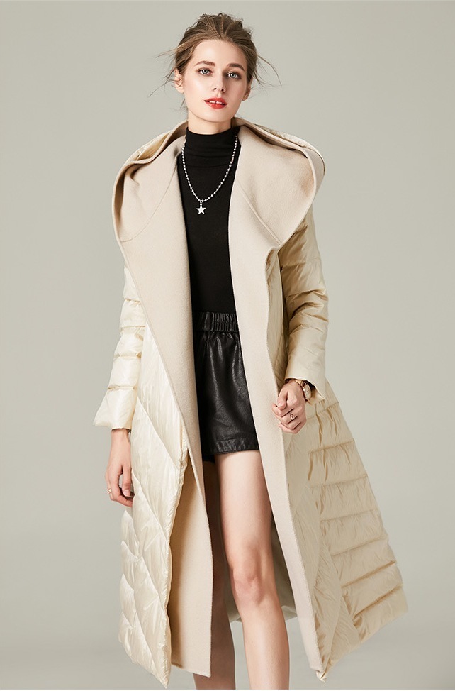 Obrix Female Duck Down Filler Warm Jacket Hooded Knee Length Cashmere Full Sleeve Coat Belt Winter Parka For Women 201017