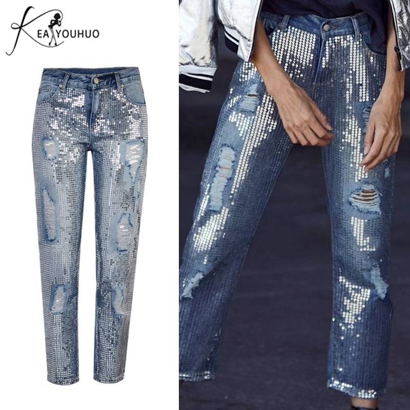 High Waist Skinny Jeans Woman Vintage Sequins Mom Jeans Ripped Boyfriend Jeans For Women Denim Female Plus Size Women Pants T200608
