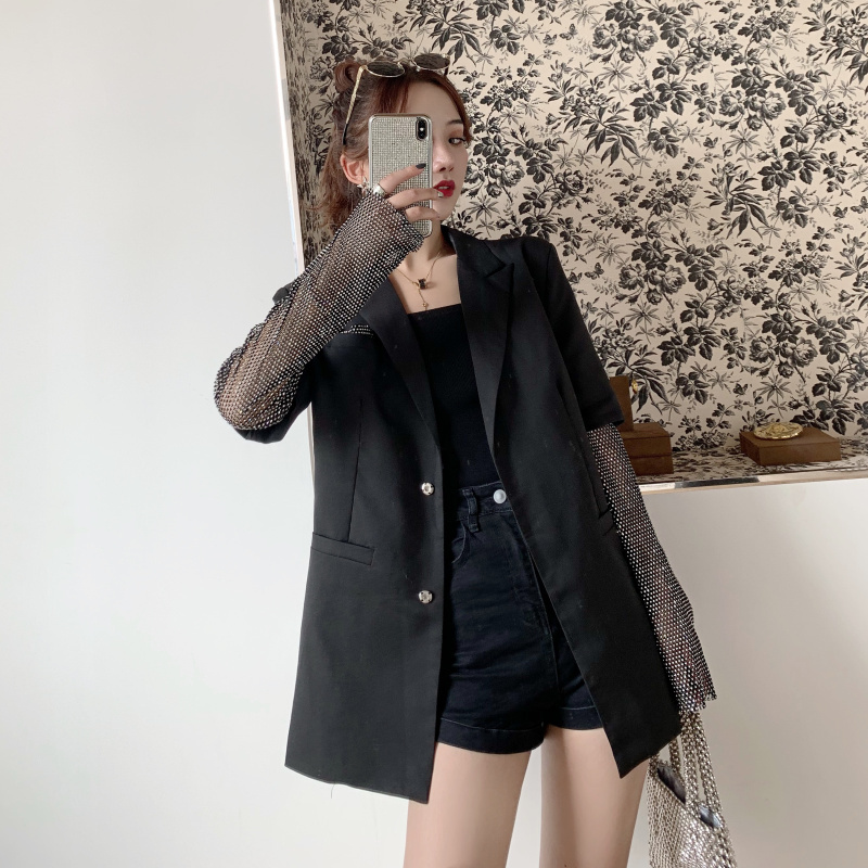 New Autumn Solid Blazer For Women Long Sleeve Diamond Patchwork Long Elegant Coat Female Fashion women Clothing 201023