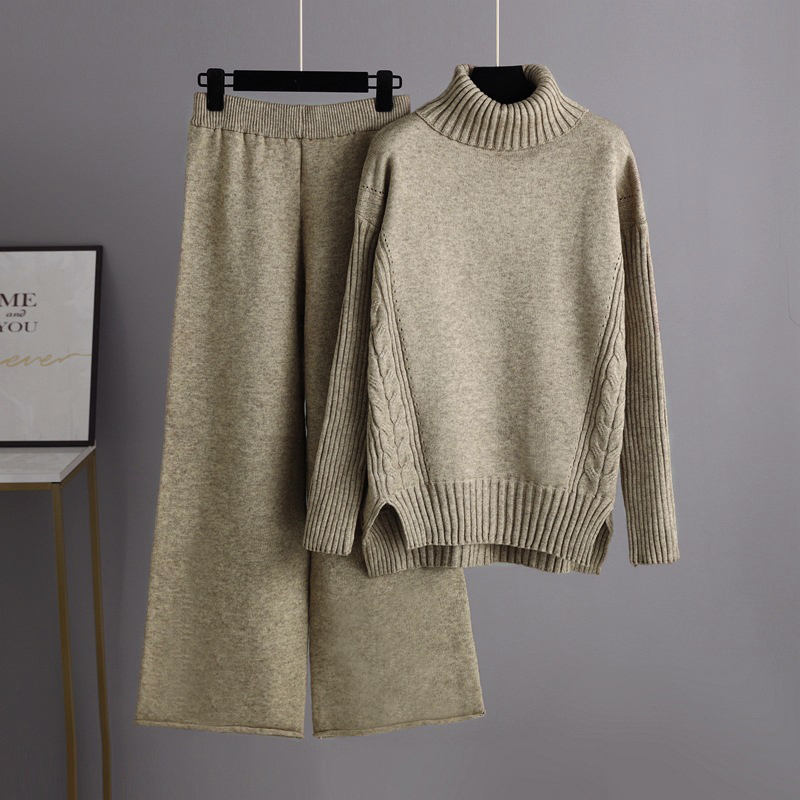 Winter Thick Women Suits two Piece Set Loose Turtleneck twist Pullover Sweaters And Long Knitted wide leg pants sets Sportsuits 220315