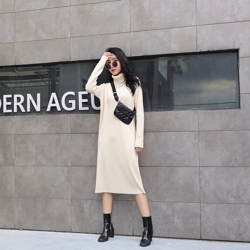 HLBCBG Autumn Winter Women Dress Basic Turtleneck Pullover Sweater Top Slim Fit Knitted Long Midi Dress RibbedVestidos Feminino 201017