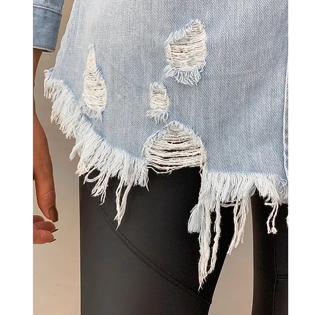 Vintage Long Sleeve Clothes Blusa Hole Ripped Denim Shirt Women 2019 Autumn Spring Pocket Slim Tops Cardigan Jeans Shirts T200321