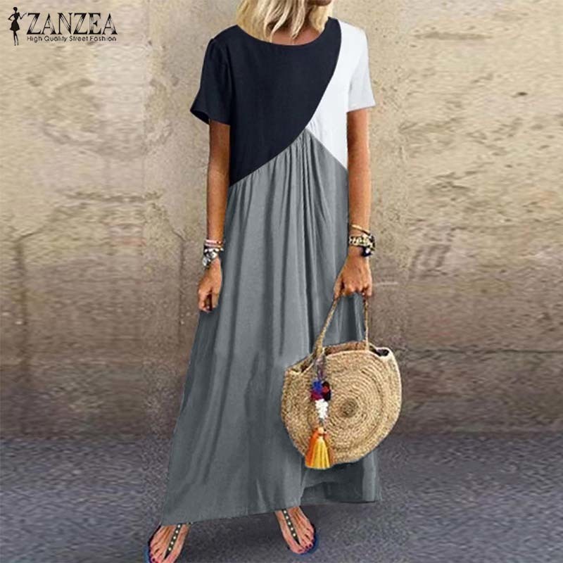 ZANZEA Maxi Long Dress Autumn Summer Dress Women Polka Dot Print Patchwork SundressPleated Plus Size Sexy V Neck Vestidos T200604