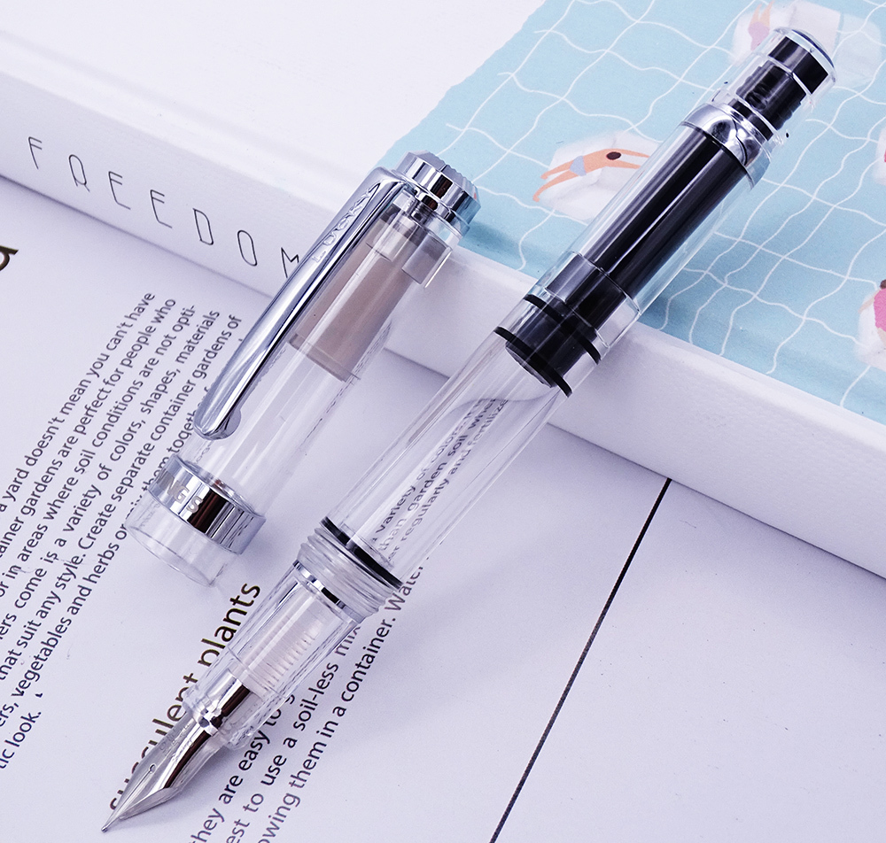 Fountain Pens Wholesale New Wingsung 698 Transparent Piston Wing Sung Ink WritePen Iridium 0.38/0.5mm Gold Silver Clip With Gift Box Office Pen