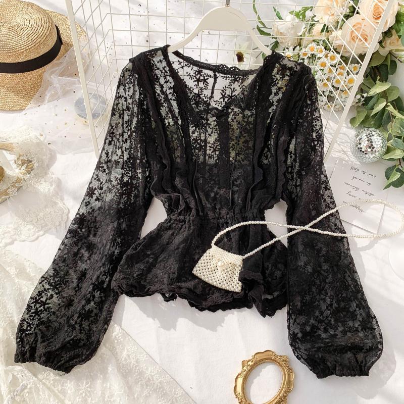 autumn lace blouse shirt ladies French retro lantern sleeves lotus leaf lace shirts T200608