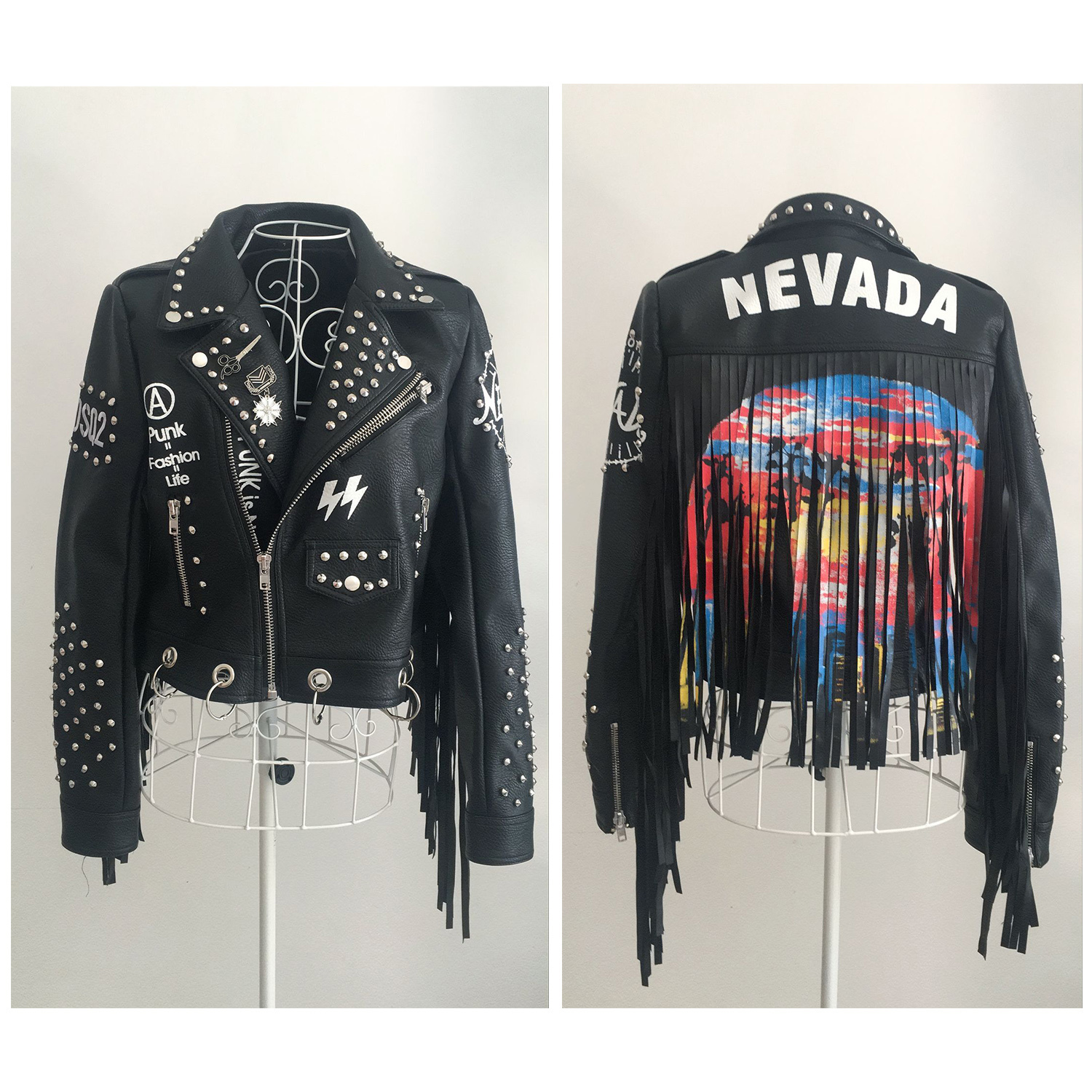 Women Black Leather Tassel Jacket 2020 Streetwear Rivets Punk Jackets Woman Streetwear Graffiti Printed Fringed Biker Coat LJ201012