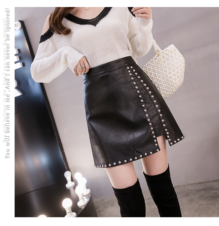 New design fashion womens high waist PU leather rivets patchwork sexy vent jag short pencil skirt boot cut plus size skirt SMLXLXXL3XL
