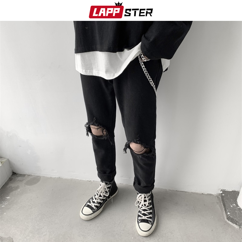 LAPPSTER Men Hip Hop Black Ripped Jeans Male Korean Streetwear Skinny Denim Pants Male Fashions High Waist Distressed Jeans 201123