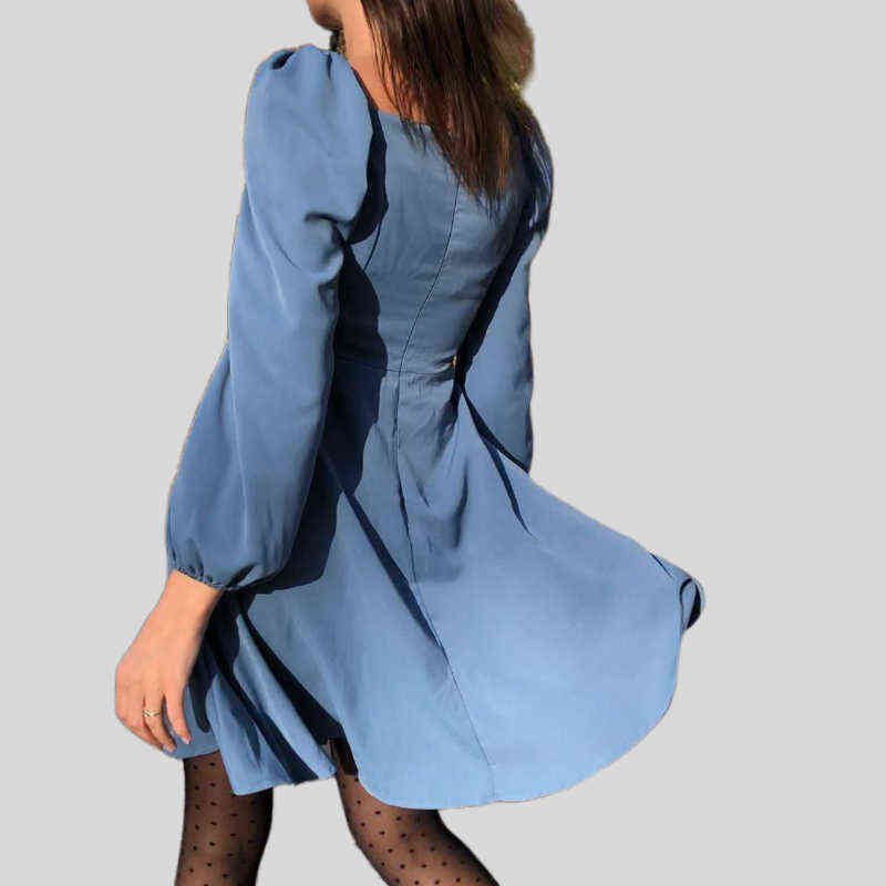 CHURSES Solid Casual Spring Mini Dress Puff Sleeve Square Neck Elegant Slim Party Dress Ladies Vintage A Line Women Dresses 2022 211221