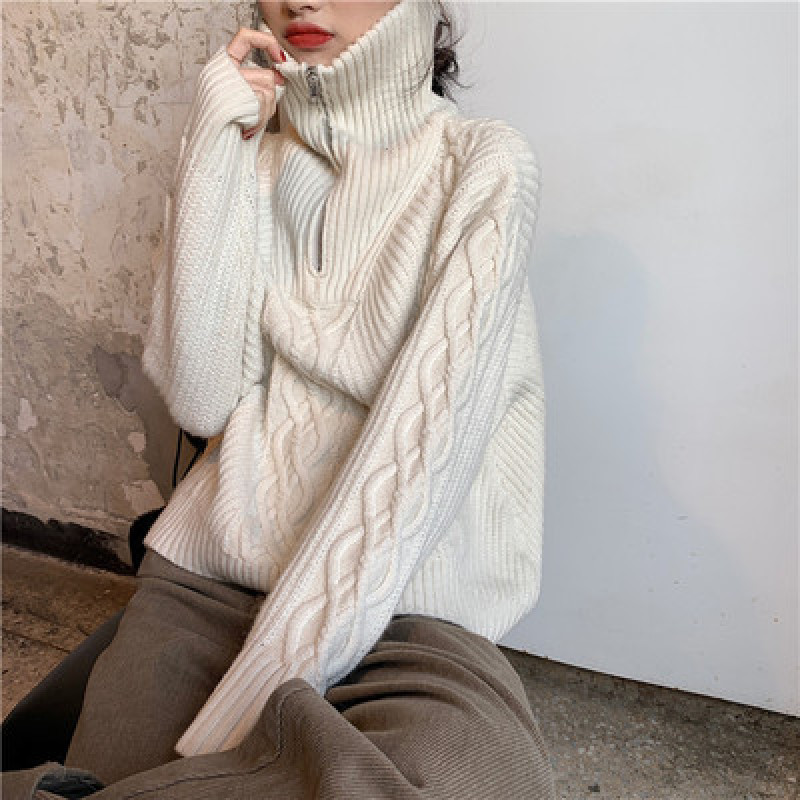 YAMDI chic Stand Collar Zipper Up Women Sweaters new Autumn Winter Loose Twist Striped Long Sleeve Female Knitted Pullovers 201030wtt