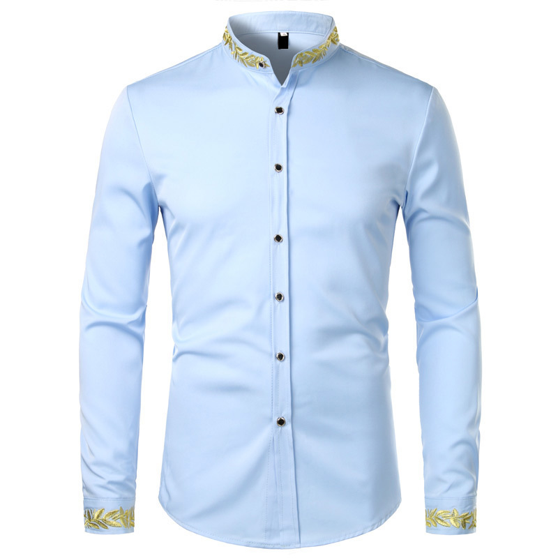 Black Gold Embroidery Shirt Men Spring New Mens Dress Shirts Stand Collar Button Up Shirts Chemise Homme Camisa Masculina 201120
