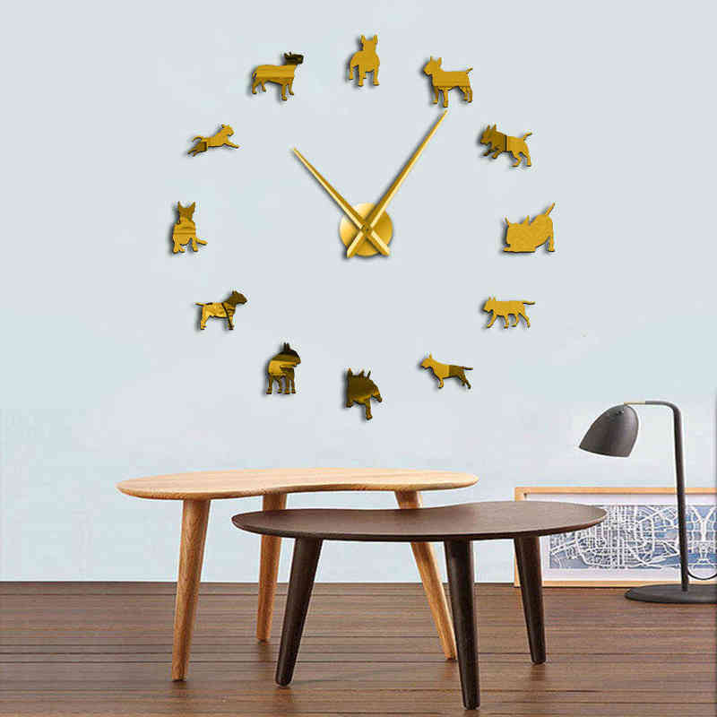 DIY Large Wall Clock Bullterrier Dog Wall Art Dog Breed Pug Needle Clock Watch Pet Shop Decor Gift for Bull Terrier Lovers H1230