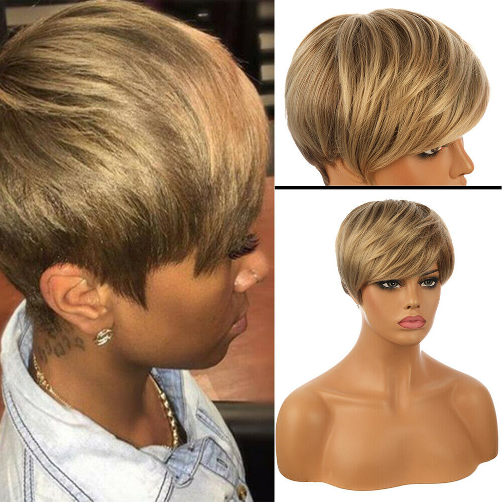 Women Short Blonde Straight Wigs Pexie Cut Synthetic Hair Wig Fashion Cosplay