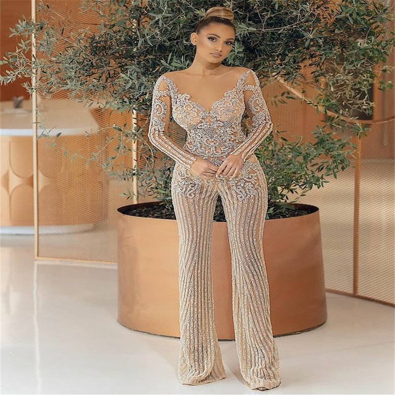 Champagne Glitter Jumpsuit Evening Dresses Luxury Crystal Sequins Long Sleeves Prom Dresses Custom Made Modern Fashion Formal Party Dresses