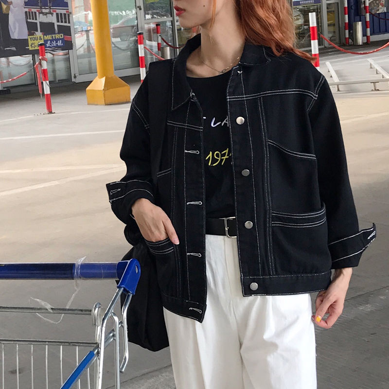 Denim Jackets for Women Fashion Black Single Breasted Button Casual Coat Autumn Korean Loose High Street Jean Outwear 201112