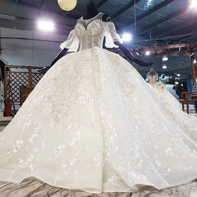 Jewel Neck Ball Gown Wedding Dresses 2M Sweep Train Rhies Beaded Bridal Gowns Appliqued Sequins Robe De Mariee 2XS to 4XL