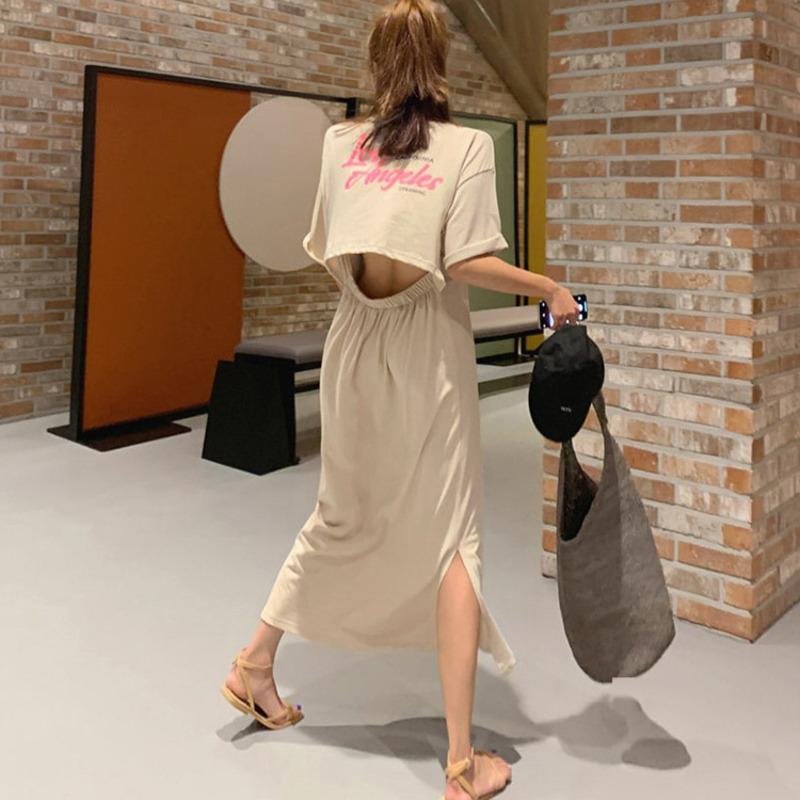 Europe Korea 2021 New Backless Letter Hollowed Printed T-shirt Dress Long Dresses Women Girl Female Loose Casaul N0TI, Beige 
Europe Korea 2021 New Backless Letter Hollowed Printed T-shirt Dress Long Dresses Women Girl Female Loose Casaul N0TI, Beige