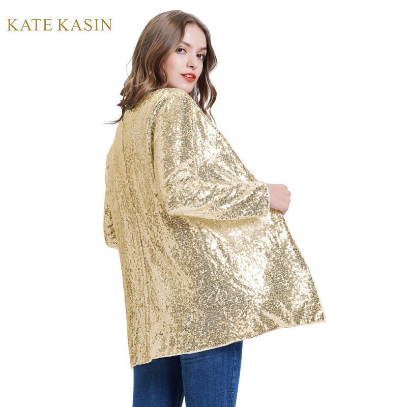 Kate Kasin Women Sparkle Sequin Coat Jacket Stunning Open Front Long Sleeve Cardigan Outwear Fashion Sequins Streetwear T200212
