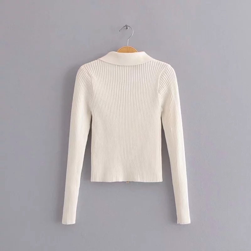 Women Dual Zipper Ribbed Sweater Shirt Cropped Knit Cardigans 201223