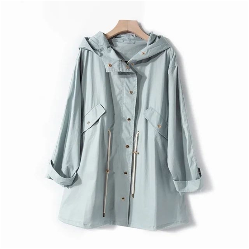 Women Trench New Loose Candy Drawstring Waist Trench Coat Mid-length Hooded Jacket 201102